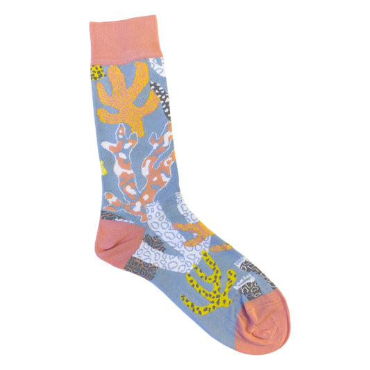 Hand-illustrated coral cotton socks by James Barker—unisex, colourful, playful coral design, bold accessory for ocean lovers.
