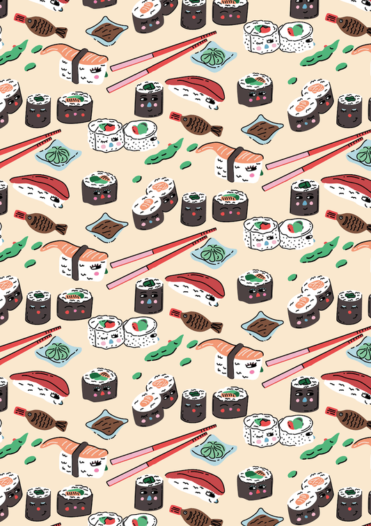 Close-up of the playful 'Oh! Sushi' pattern featuring cartoon sushi, rolls, and chopsticks on a light beige background.