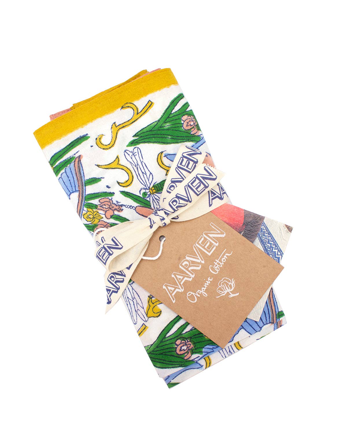 Hand wood block printed organic cotton napkins made in Jaipur, India. Add a touch of joy to your dining table with our beautiful set of four organic cotton napkins. Featuring AARVEN's signature 'Kingfisher' print. Block printed with different colourful borders (green, blue, coral and yellow) onto a white organic cotton background.