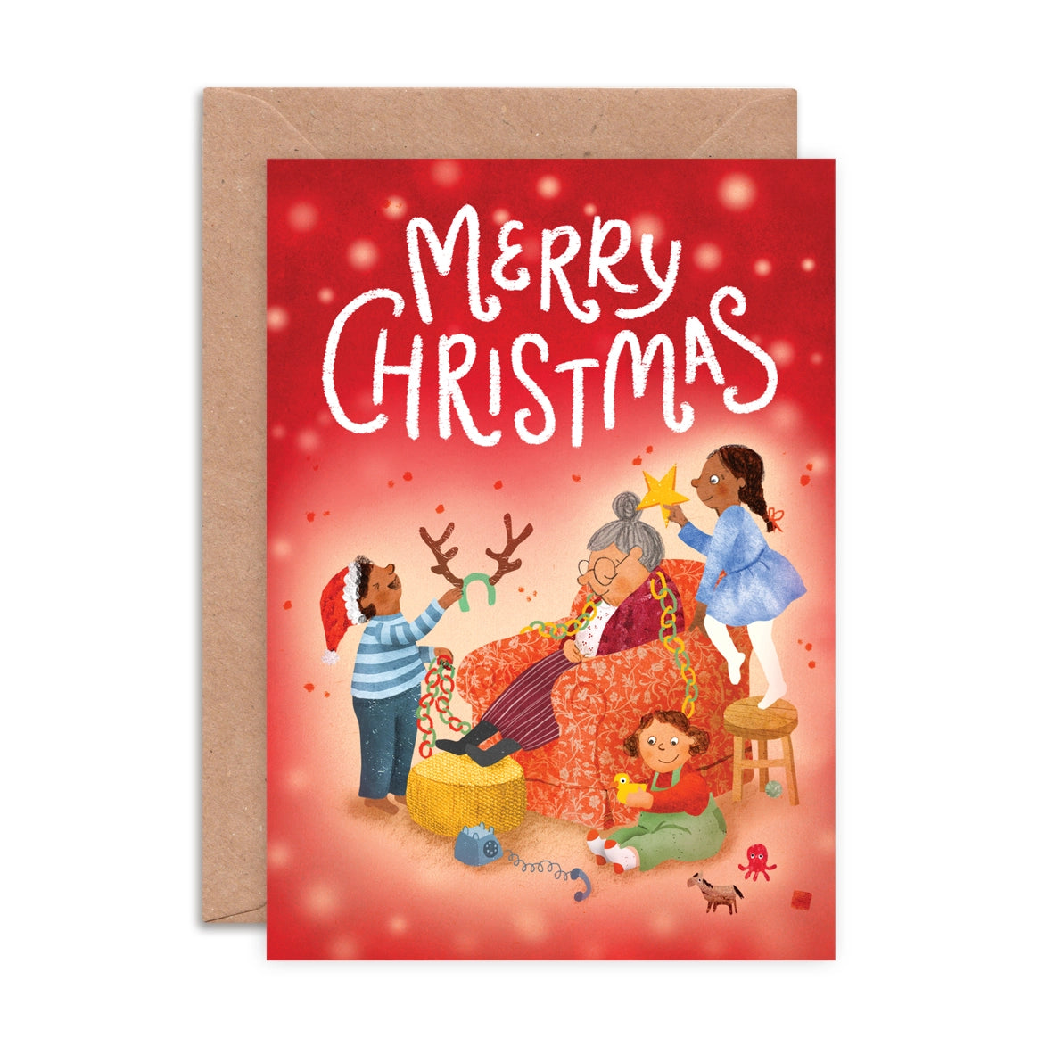 Box set of six A6 illustrated Christmas cards by Emily Nash, each featuring a different festive family scene, with recycled kraft envelopes in a cardboard presentation box.