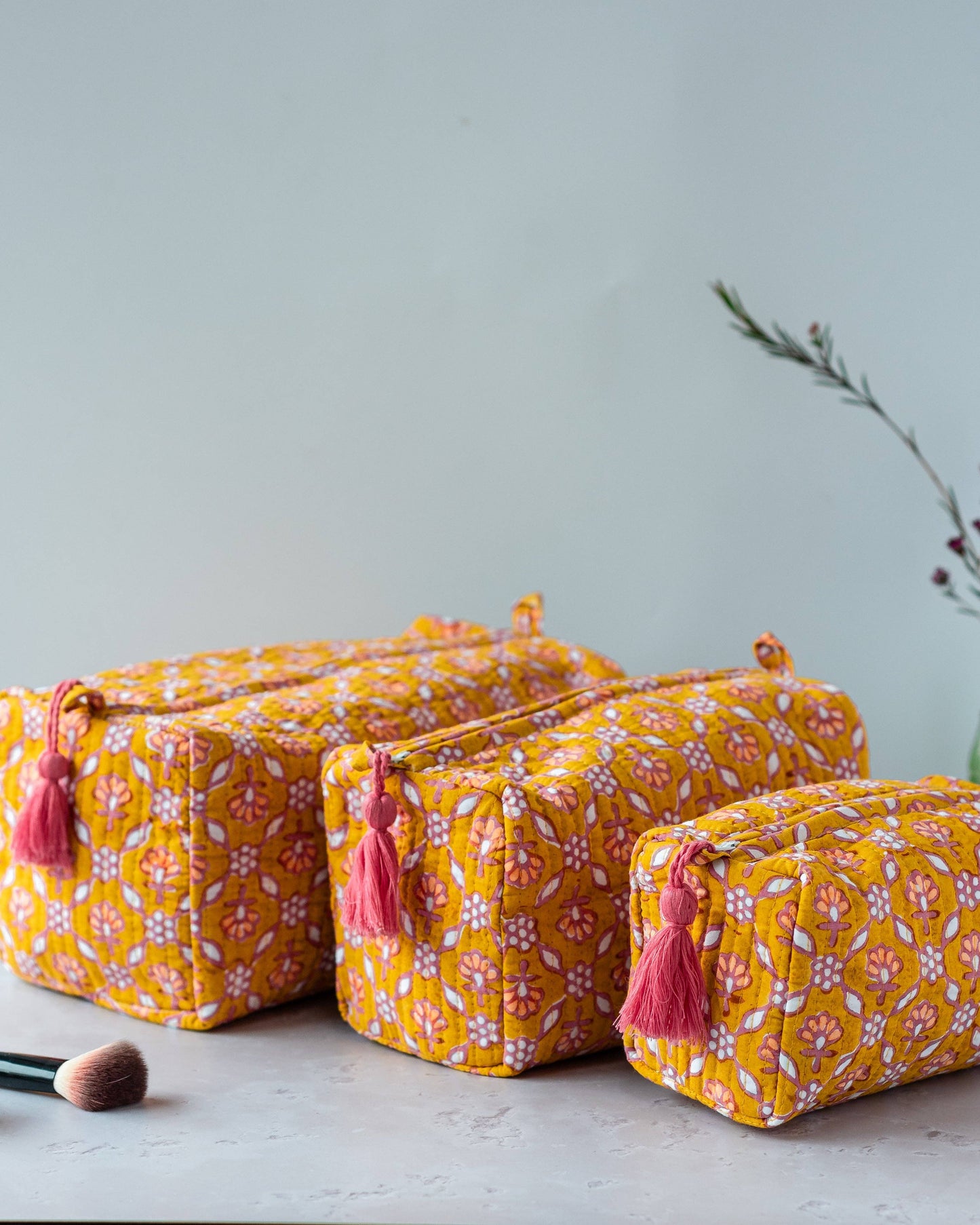 Set of three Nectar Petal block printed wash bags in various sizes