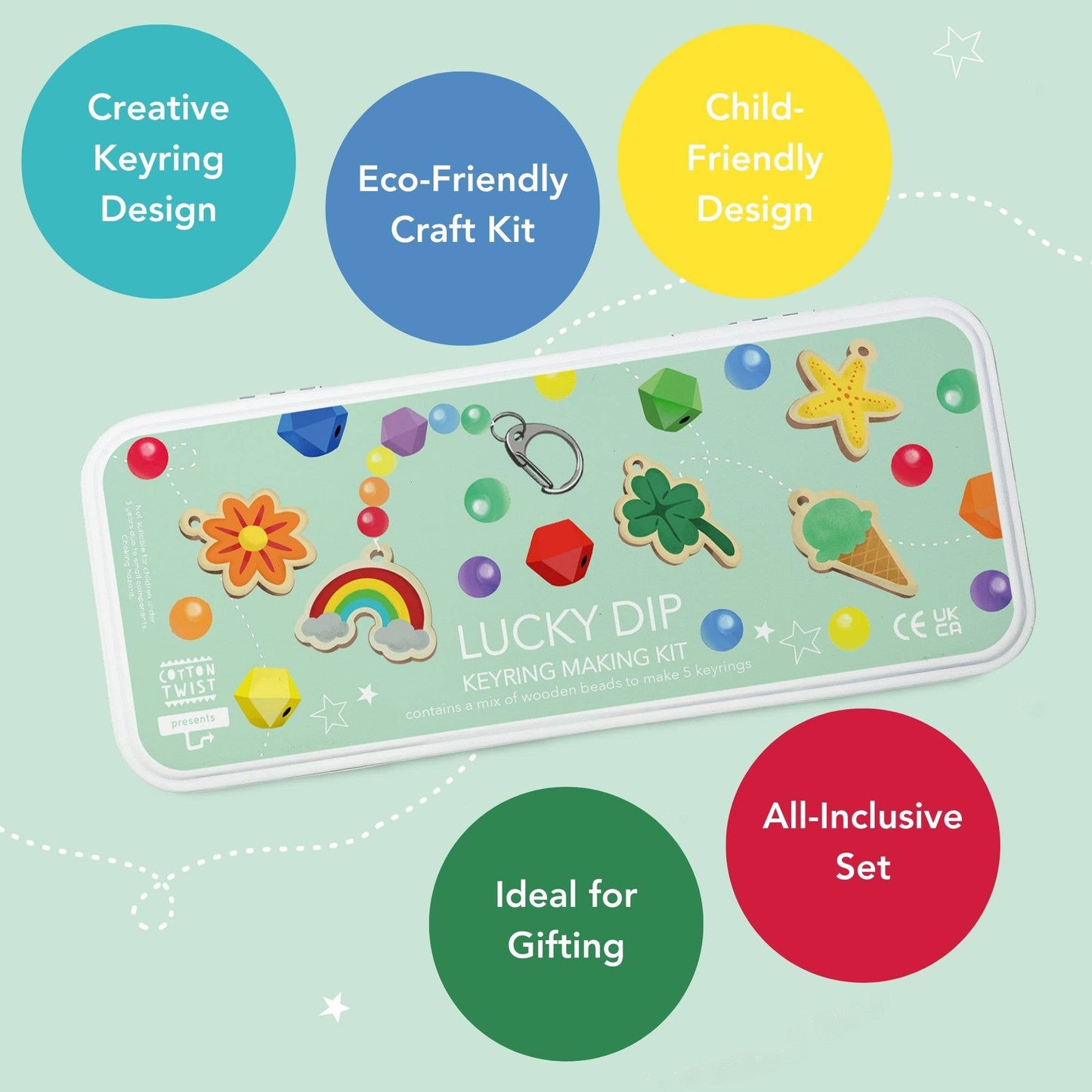 The Lucky Dip Keyring making kit is a wonderful plastic free activity. It offers a selection of wooden fobs to include a clover, flower, starfish, ice cream & a rainbow, allowing children to create 5 keyrings. The kit also comes with rainbow coloured spacer geometric beads to complement the showpiece beads for vibrant accessories!