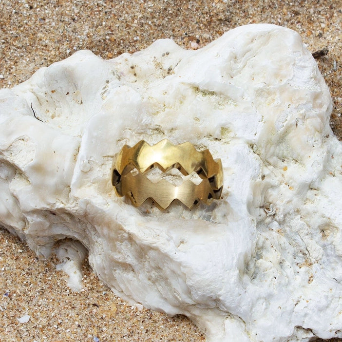 Brass Sprite Ring with lightning bolt motif, hand-cast from recycled brass by Kenyan artisans Anton and Benta