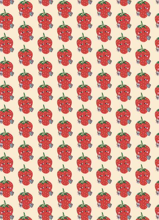 Sustainably sourced strawberry patterned wrapping paper rolled