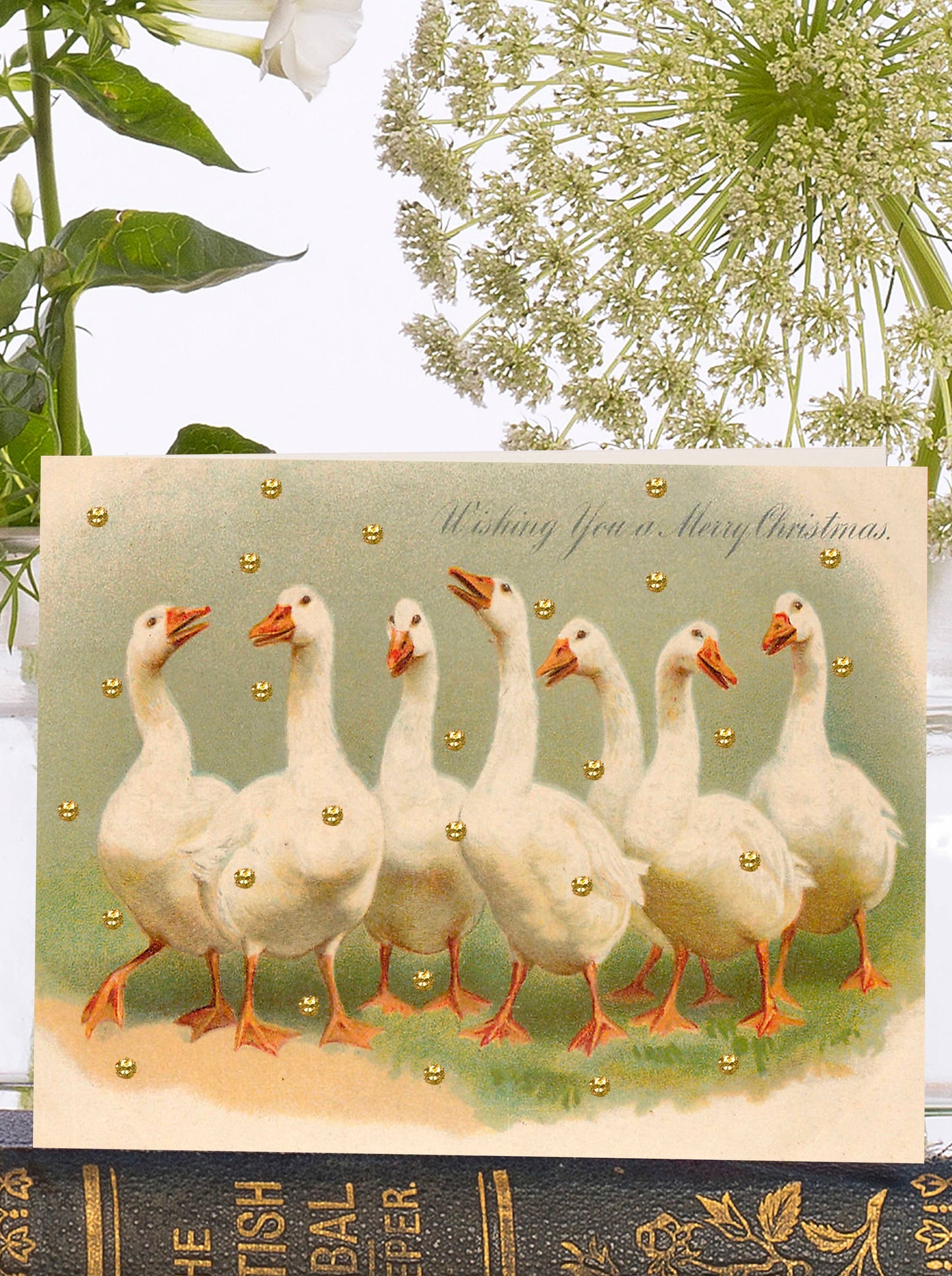 Madame Treacle Vintage Seven Geese Christmas Card with hand-applied glitter on sustainably sourced card