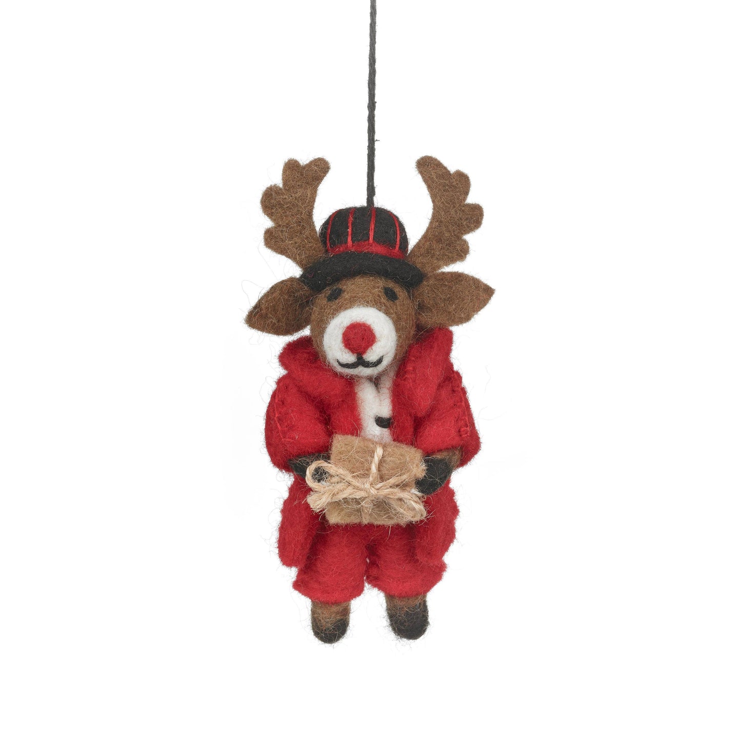 Handmade felt Dasher Christmas reindeer decoration by Felt So Good, sustainable wool with red suit, black fedora, and gift, fair trade and plastic-free