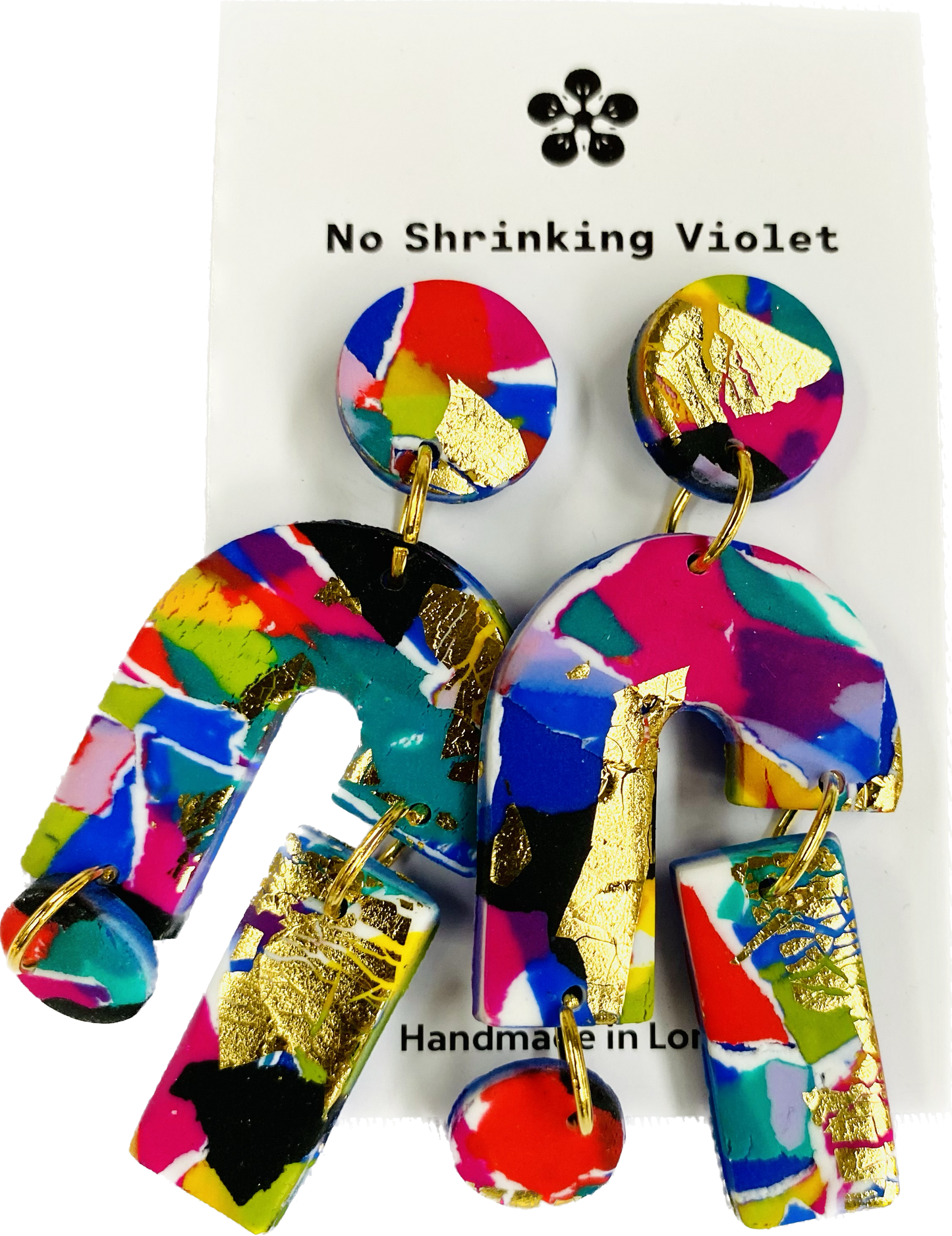No Shrinking Violet bold polymer clay statement earrings, bright colours, gold accents, 7cm, nickel-free.