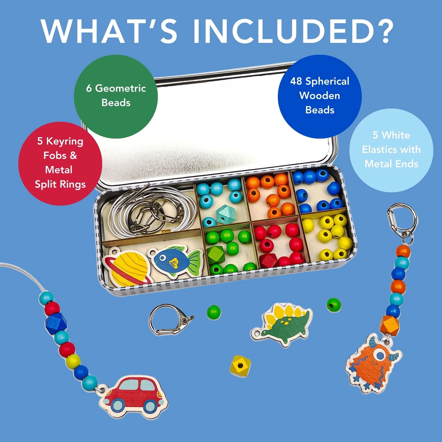 Plastic-free creative activity set for kids to make 5 colourful keyrings.