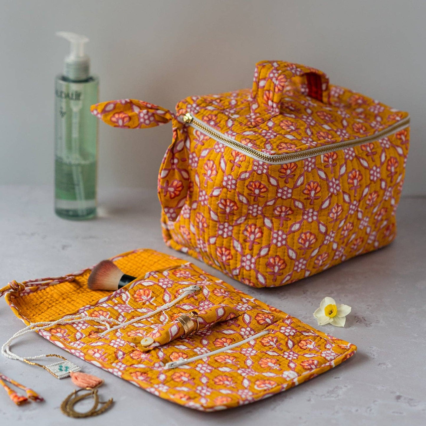 Detail of the hand block printed fabric on the Nectar Petal wash bag