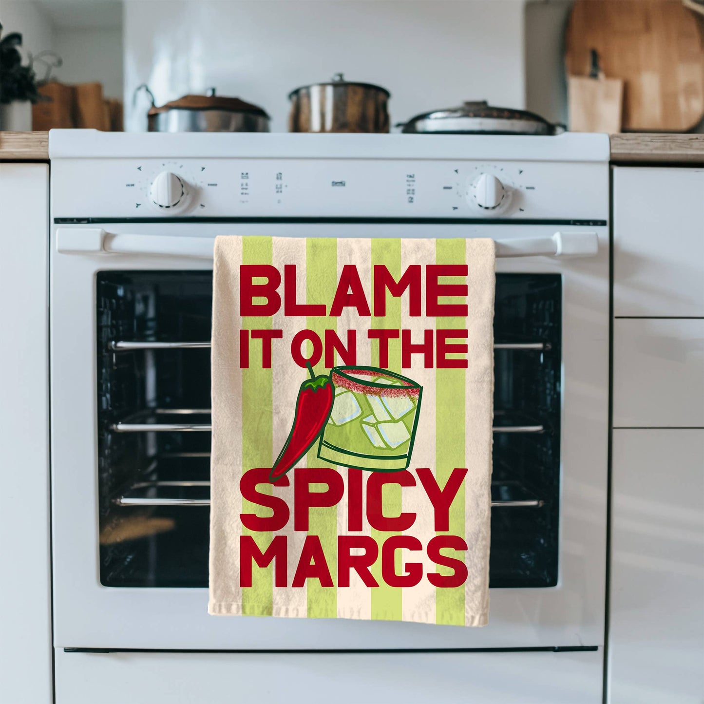 Spicy Margarita themed kitchen tea towel made from 100% cotton with a hand-drawn design, displayed folded