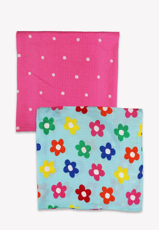 Close-up of GOTS-certified organic cotton rainbow bloom floral muslin square