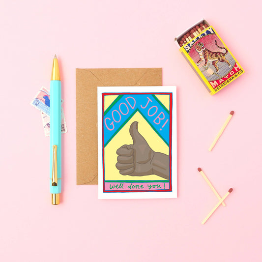 Good Job! Thumbs Up Mini Card, black design, close-up of 'GOOD Job!' text and hand illustration