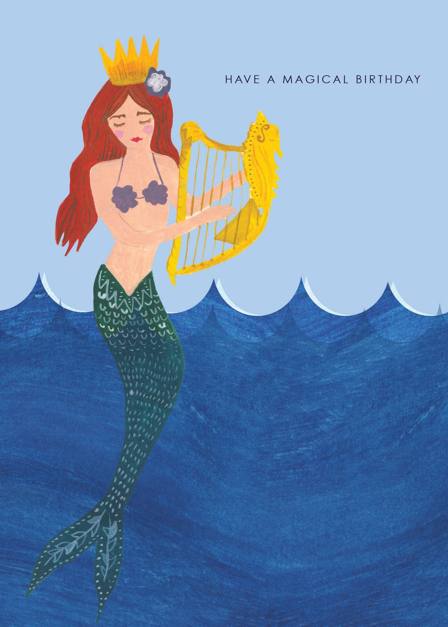 Hand-illustrated “Magical Mermaid” birthday card featuring a joyous colourful mermaid, 5x7", recycled kraft envelope, UK made, sustainable design.
