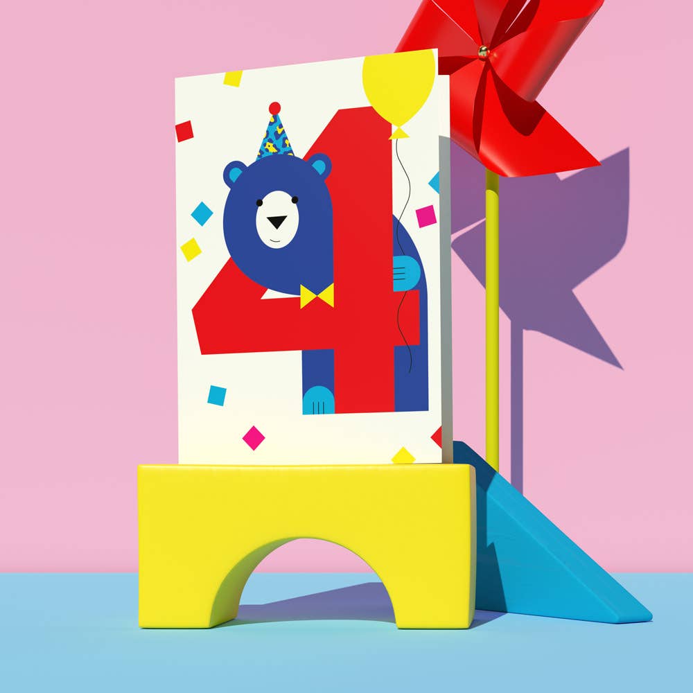 Hand holding a Cute Bear Balloon Birthday Card, showing size and design