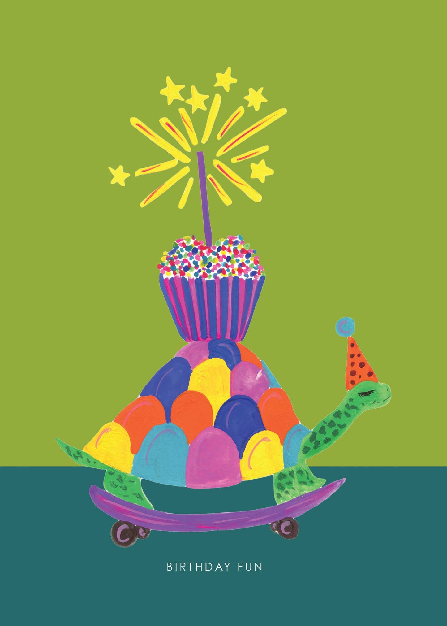 Close-up of birthday card with tortoise, cupcake, and recycled kraft envelope