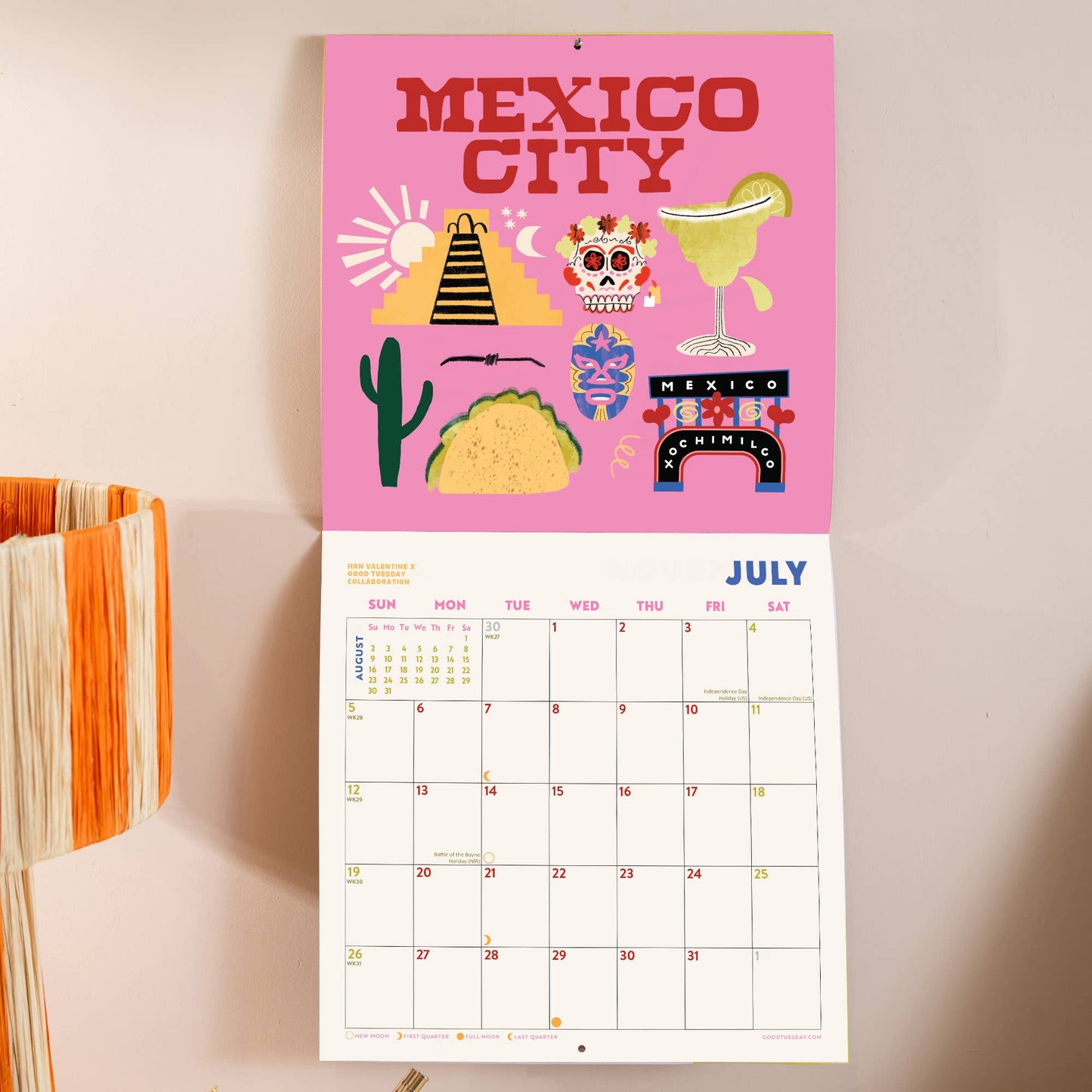 2026 Travel Wall Calendar by Good Tuesday—bold illustrated destinations by Han Valentine, retro colours, large date boxes, 100% recycled paper, UK made.