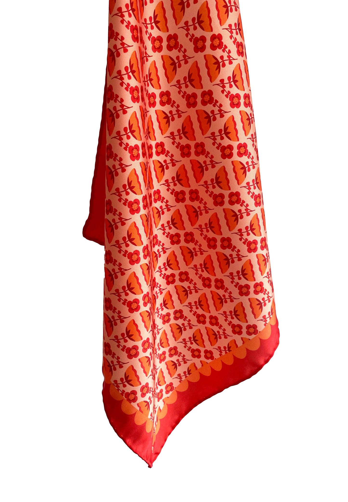 Eco silk twill pocket square with orange folk flower pattern and scalloped border, cottagecore style. Made from recycled polyester and designed by Su Owen.