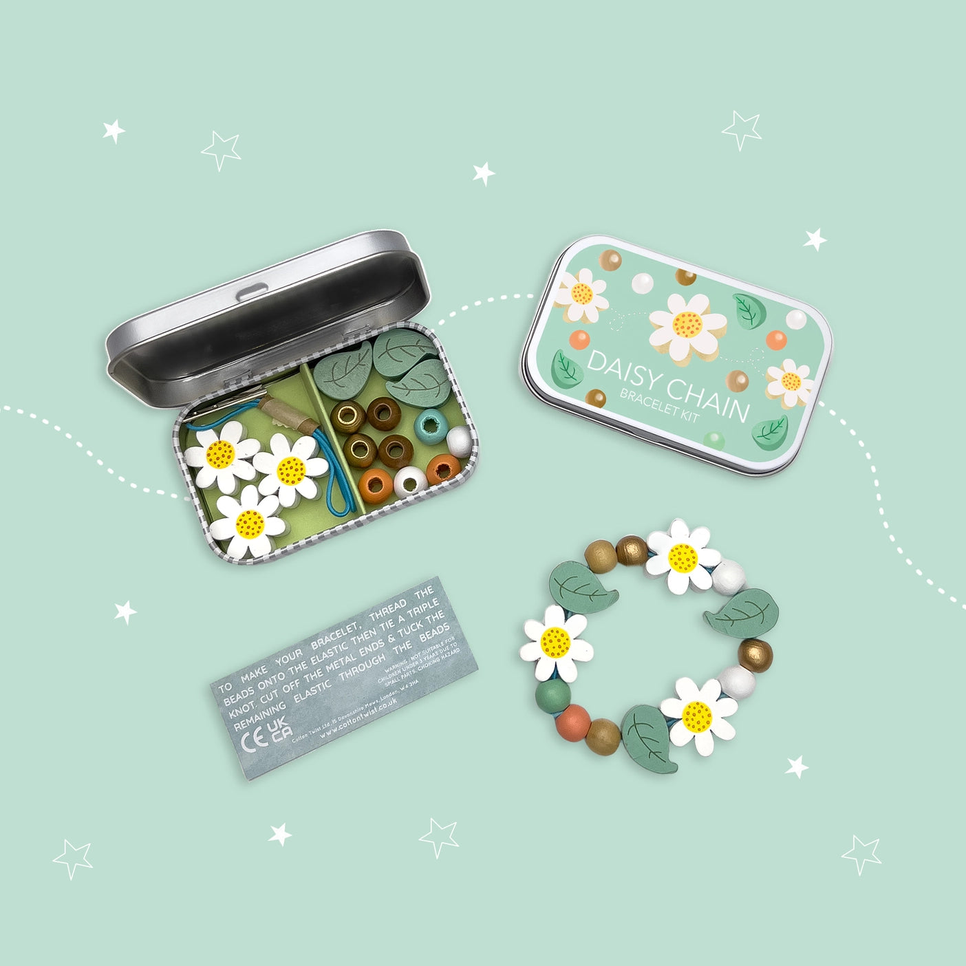 Daisy Bracelet Gigt Kit. A beautiful gift tin containing elastic & beads to create a beautiful wooden daisy chain bracelet. The elastic comes with metal ends to help children add beads with ease. No plastic