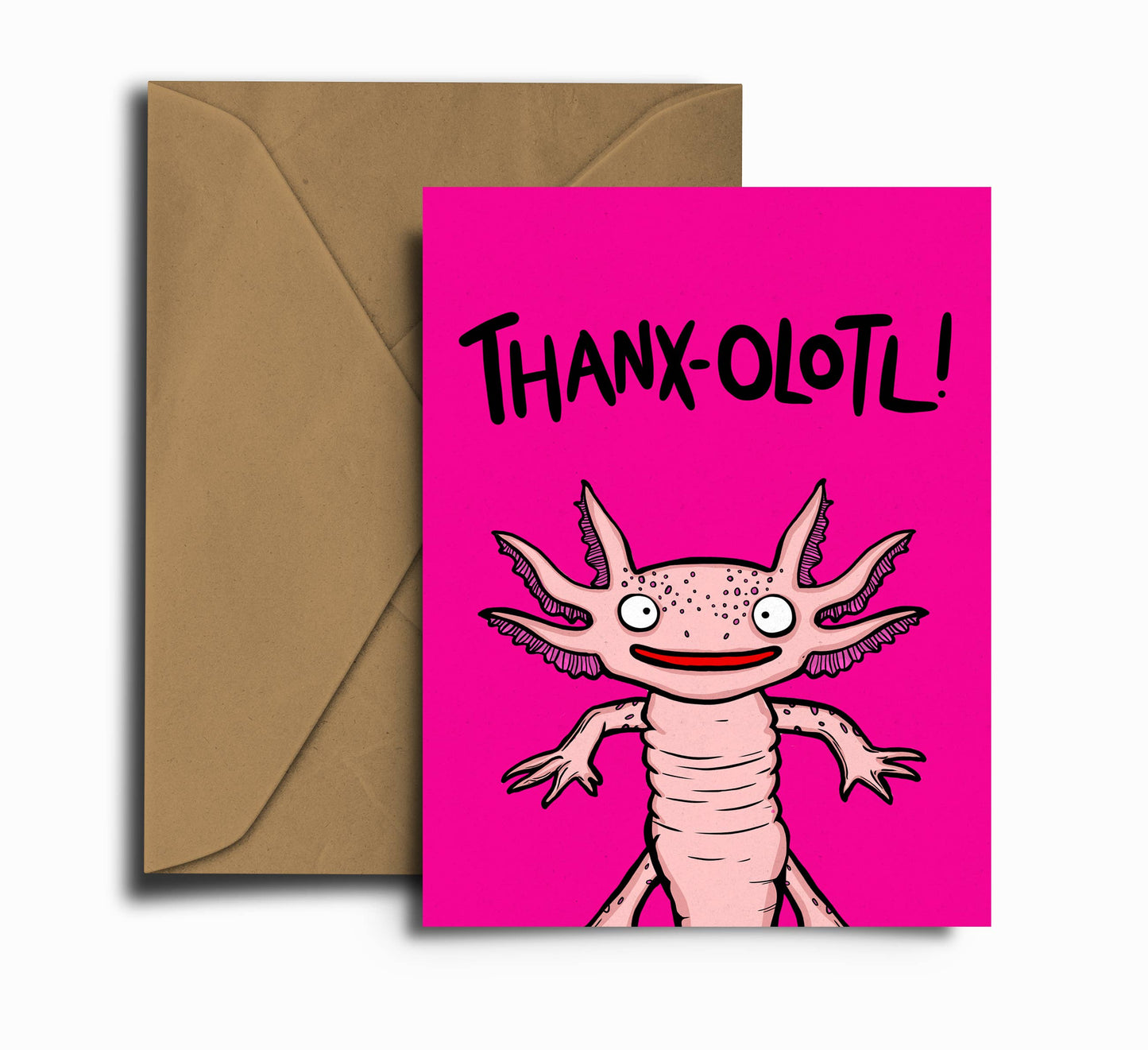 Thanx-Alotl! Thank You Card by Dixon Does Doodles, featuring a colourful axolotl design on sustainably sourced A6 card with a recycled kraft envelope.