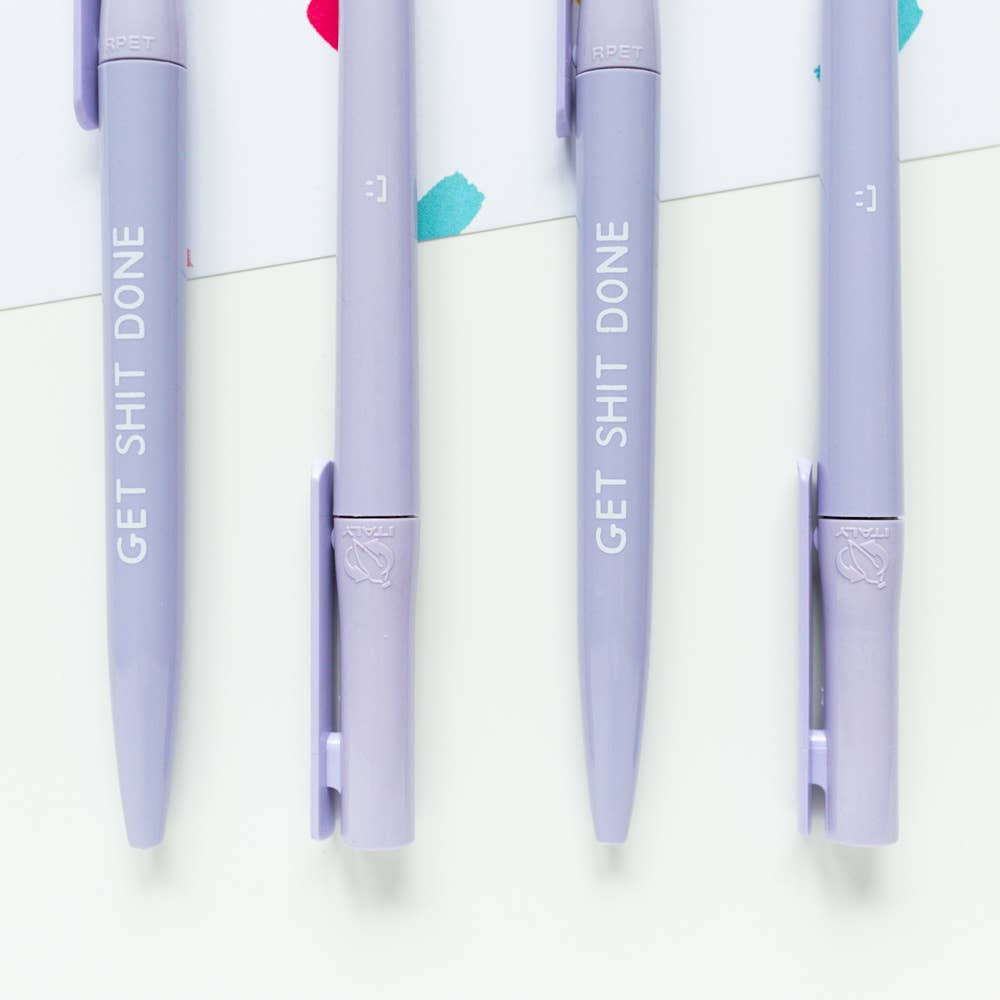 Vibrant lilac recycled pen, 'Get Shit Done' slogan, sustainable stationery for an eco-conscious workspace.