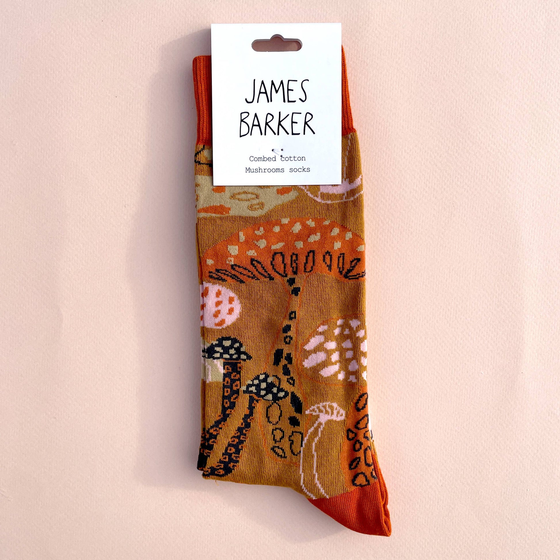 James Barker Mushroom socks in five colours, illustrated nature pattern, made from combed cotton.