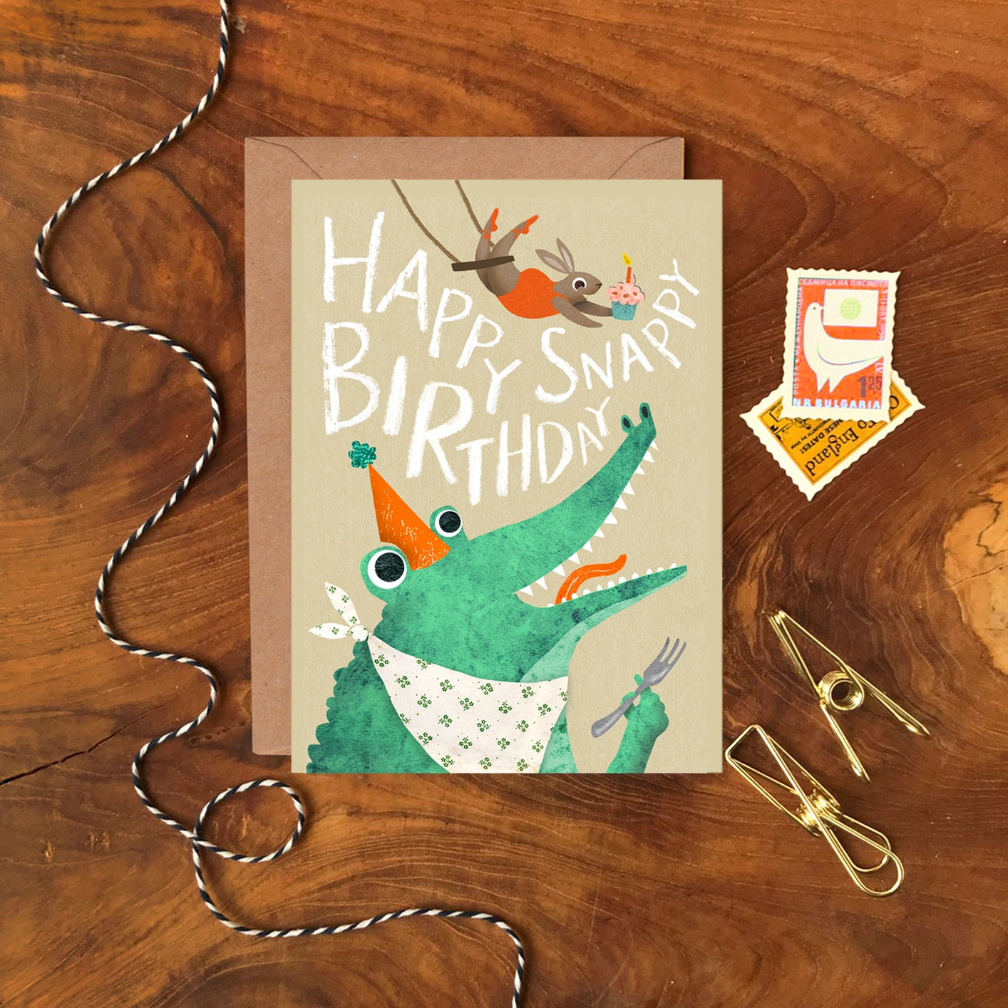 Set of six assorted circus animal greeting cards by Emily Nash, printed on sustainably certified matte card with recycled kraft envelopes, in a cardboard gift box.