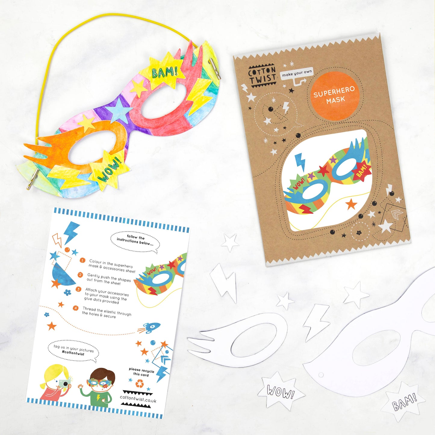 Children can use the mask base & cut-outs to embellish their masks and create their favourite superhero mask. Colour in your mask & accessories, attaching them with the glue dots, then it's time to show family & friends your special powers!