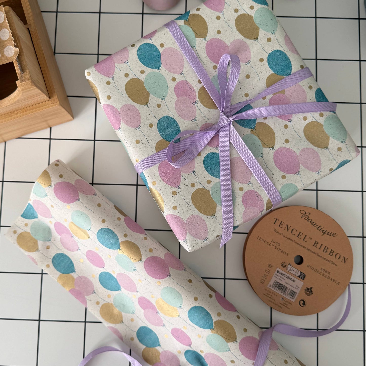 Close up of eco-friendly balloons pattern wrapping paper