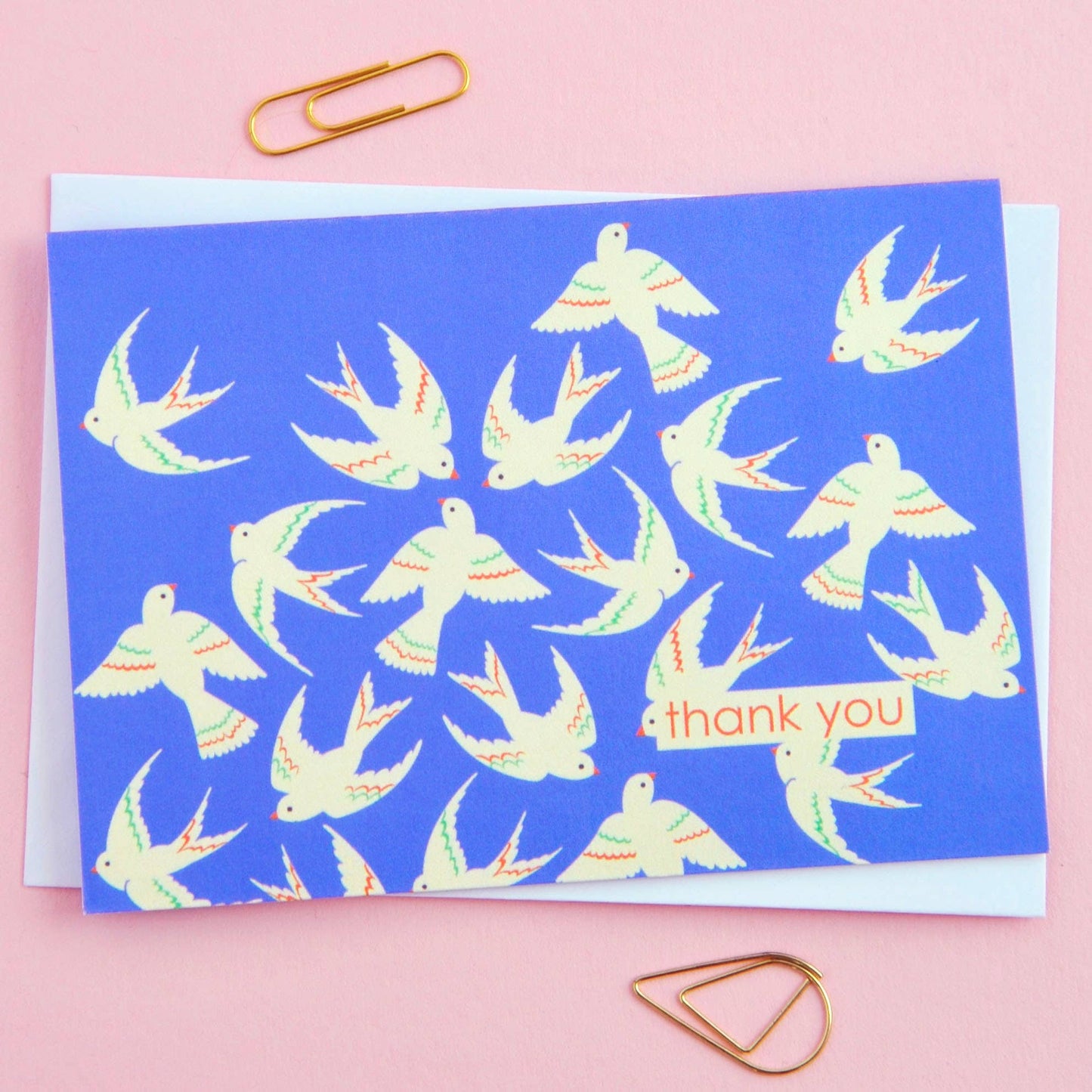 Pack of 8 bird-themed thank you notecards, each with a different illustration, printed on UK-made 350gsm matt card with envelopes included.