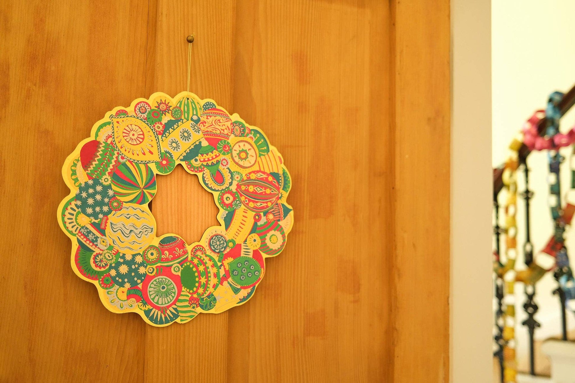Hand-printed Colourful Bauble Cotton Board Wreath by East End Press with hanging loop, sustainable ornament