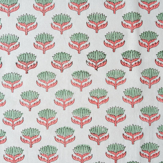 Close up of Lotus Flower design on sage and pink cotton napkin