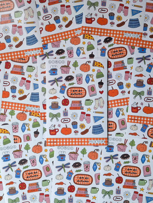 Close up of waterproof vinyl autumn stickers on A5 sheet