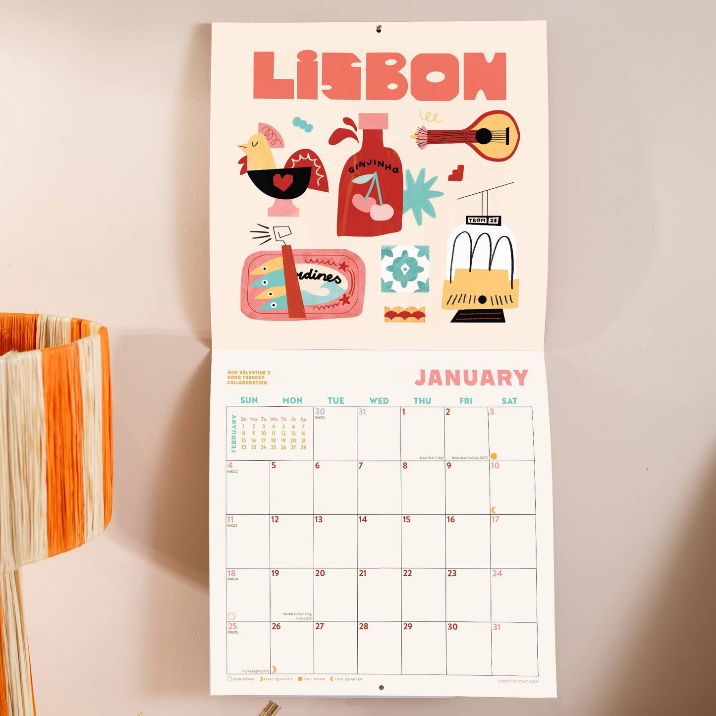 2026 Travel Wall Calendar by Good Tuesday—bold illustrated destinations by Han Valentine, retro colours, large date boxes, 100% recycled paper, UK made.