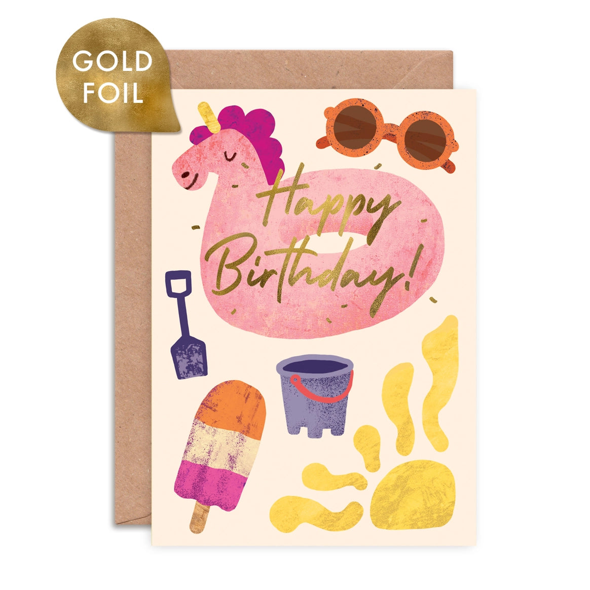 Kids birthday card with a pink unicorn inflatable, sunglasses, and beach-themed illustrations on a yellow background.