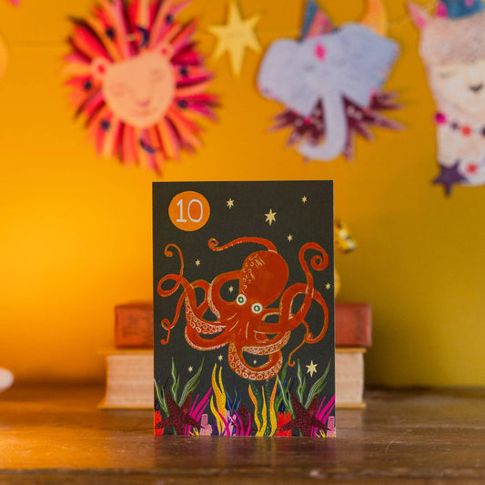 Age 10 Party Octopus Birthday Card, blank inside view