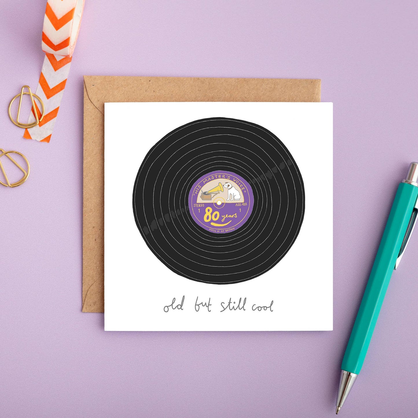 Featuring a hand-illustrated vinyl record with the bold text "80 Years" and the playful caption "Old but Still Cool," this card is a nostalgic nod to timeless classics. Perfect for music lovers and those who embrace their age with humour and charm.