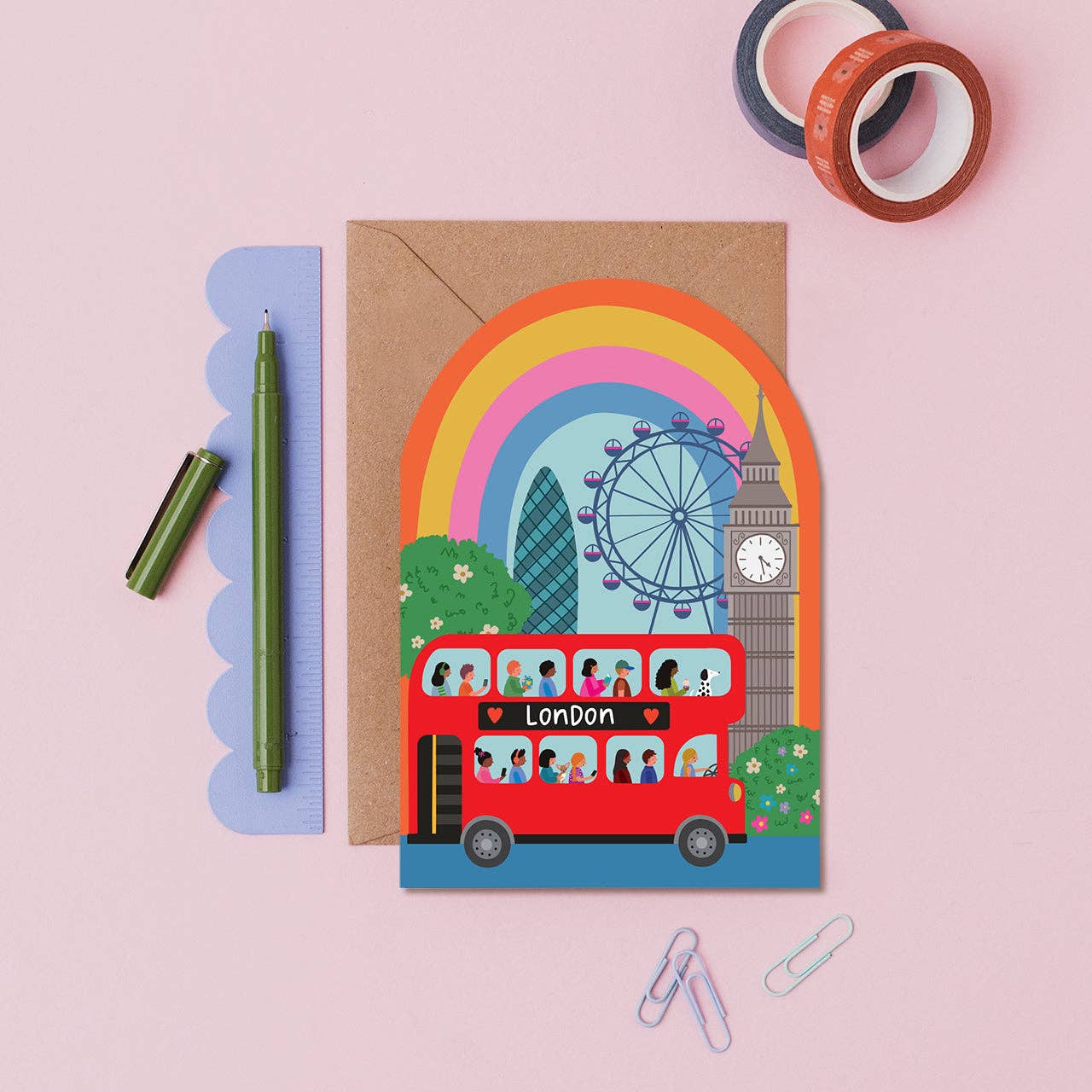 Sustainable die-cut London greeting card with red bus, Big Ben, and recycled envelope