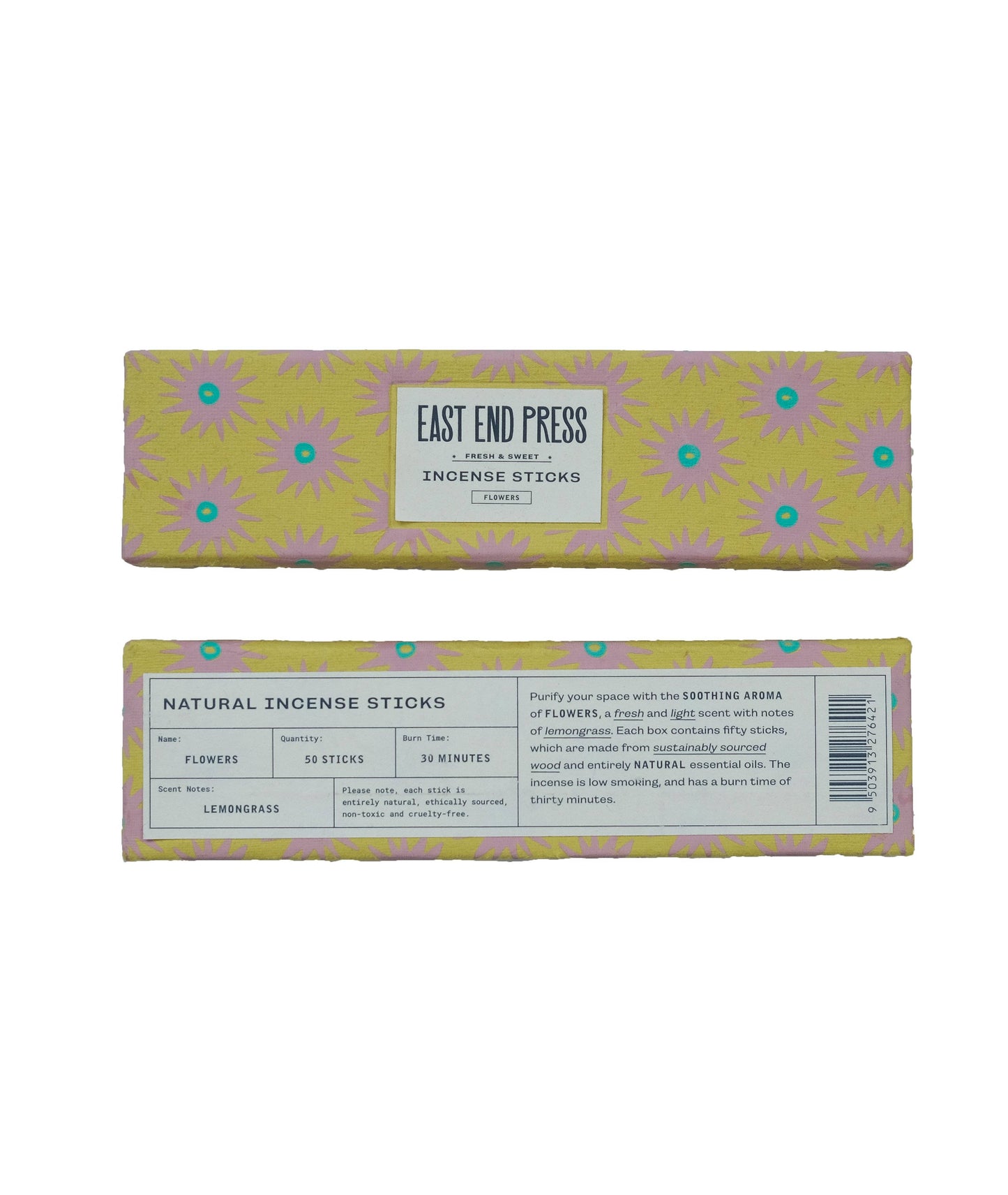 Purify your space with the soothing aroma of Flowers, a fresh and light scent with notes of lemongrass. Each box contains fifty sticks, which are made from sustainably sourced wood and entirely natural essential oils. The incense is low smoking, and has a burn time of thirty minutes.
Includes: 50 natural incense sticks in every pack