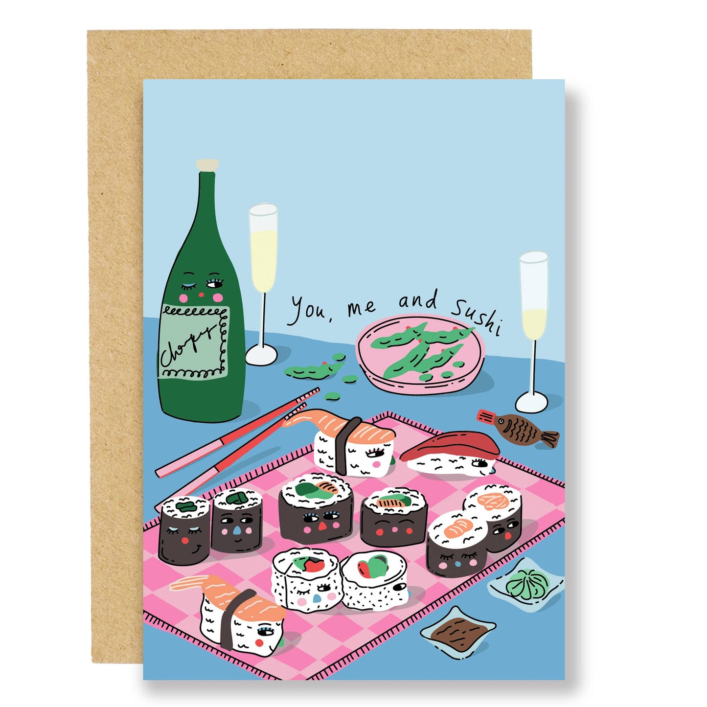 Illustration of a platter of sushi, a bottle of champagne and two champagne flutes. In blues and pinks. The sushi and the bottle have playful animated faces.