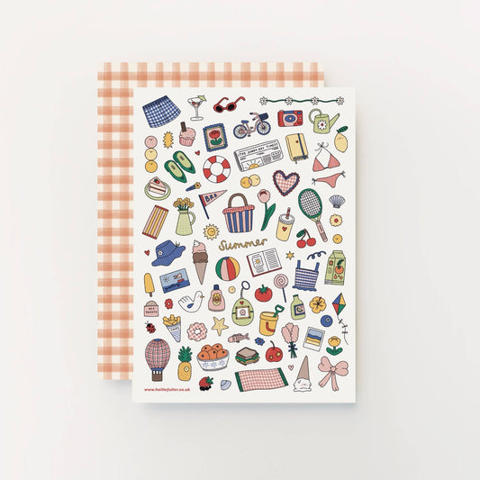 Close up of Summer themed vinyl stickers with a gingham backing sheet