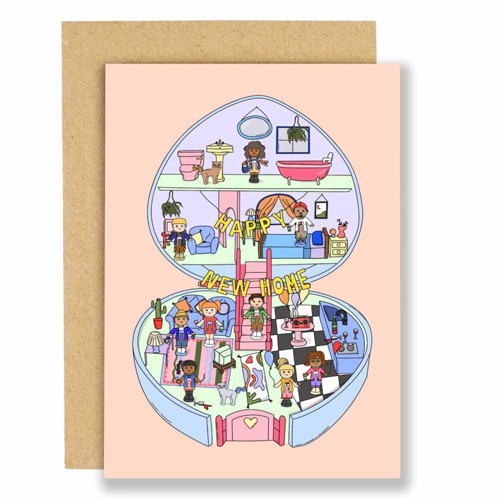 Polly's House Party New Home Card, 6x4 inches, featuring a vibrant, nostalgic illustration of Polly Pocket's house party on sustainably sourced paper with a Kraft envelope.