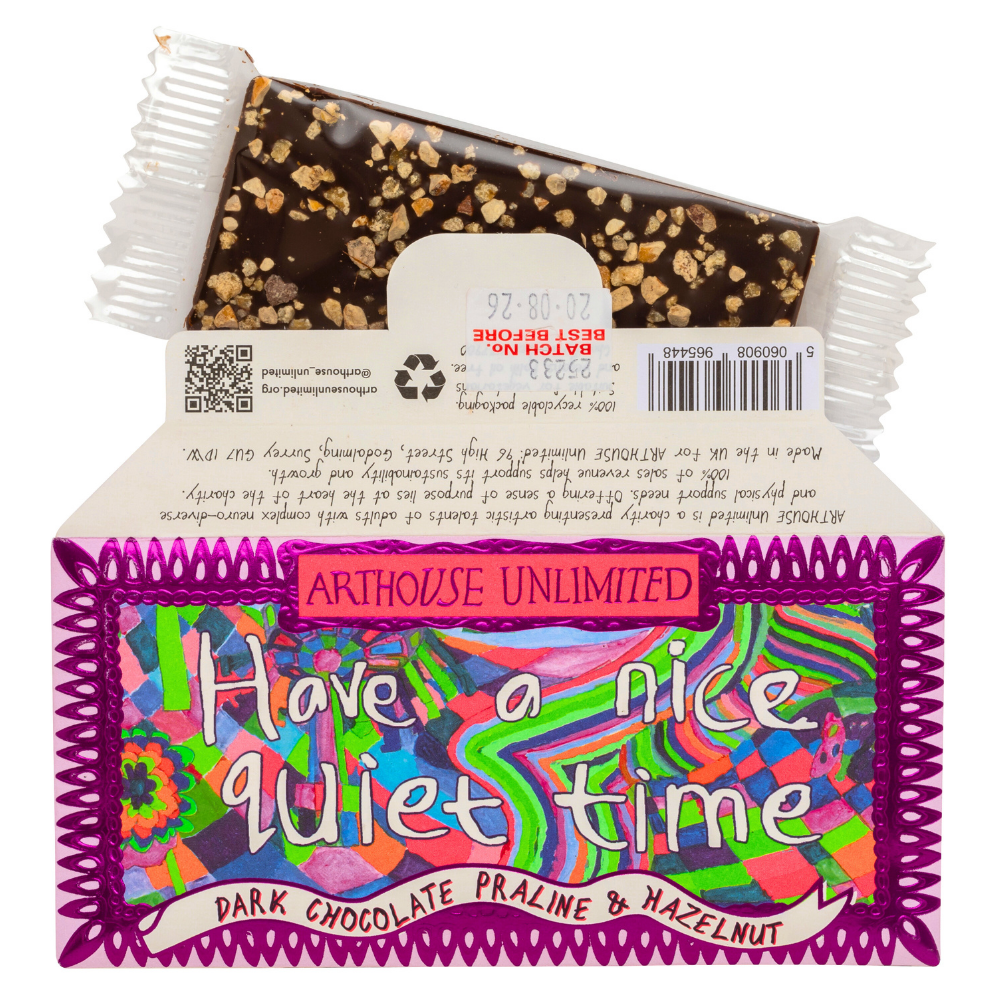 Joy Sized: Have a Nice Quiet Time dark chocolate bar with praline and hazelnut, wrapped in recyclable paper with artwork by Chris Potter.