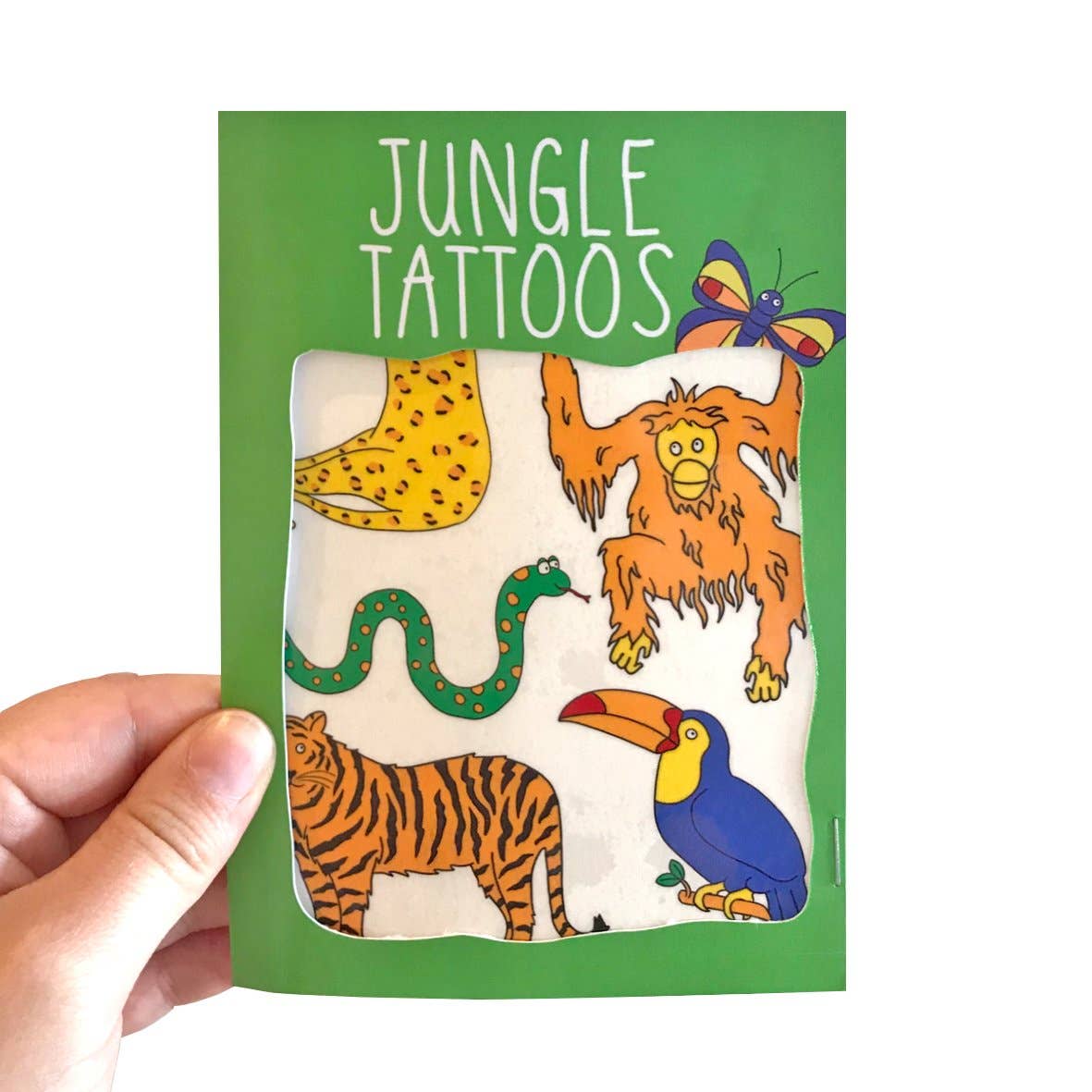 Close-up of a child's arm with a colourful jungle animal temporary tattoo, featuring a tiger and toucan, from Neon Magpie.