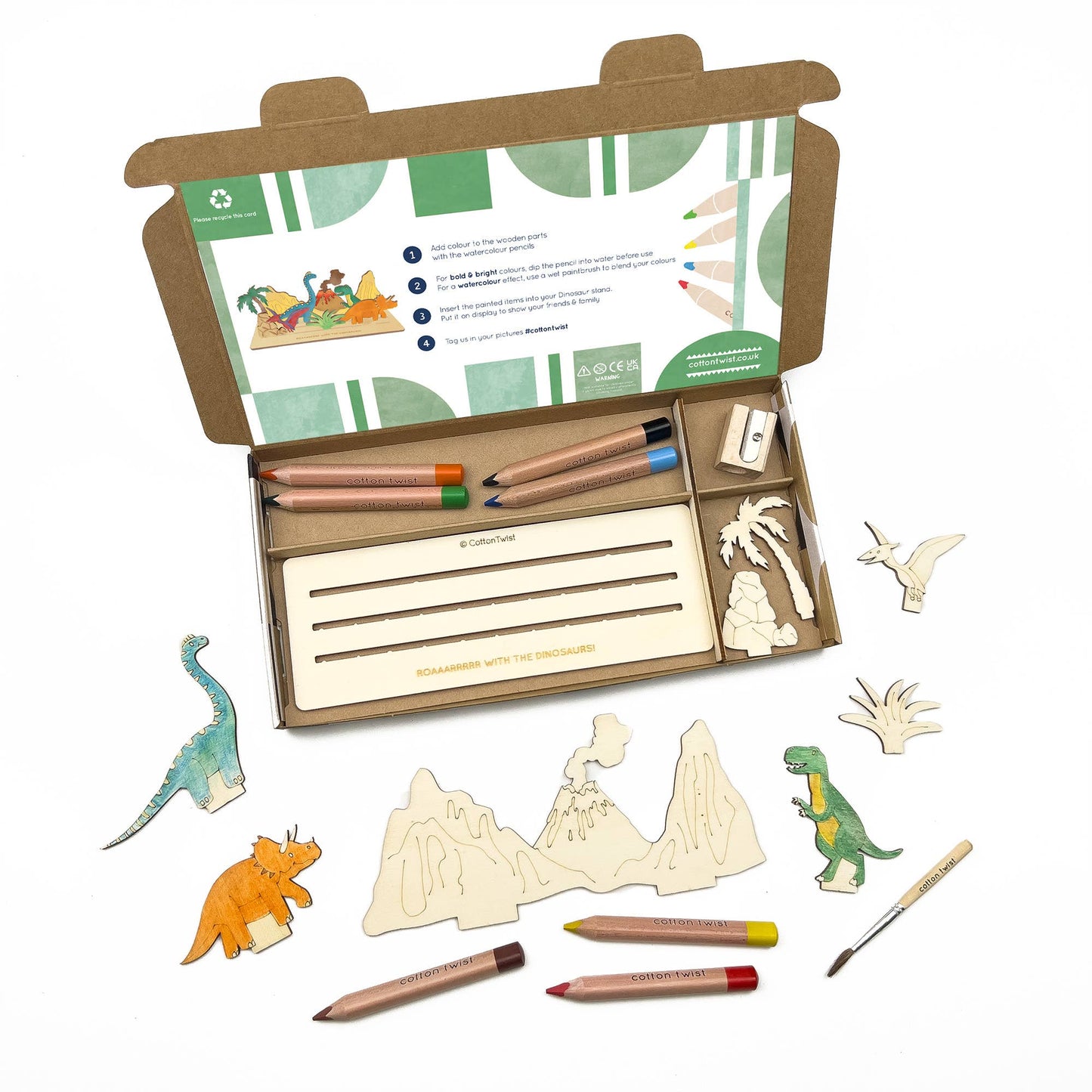 This craft kit is perfect for those who love to be creative, those who love dinosaurs (who doesn't!). Inside, discover a collection of wooden pieces, each intricately designed to spark creativity, including the mighty T-Rex, a triceratops, pterodactyl and a brachiosaurus. With wooden parts of all your favourite dinosaurs, plus scenery, the watercolour pencils & paintbrush included allow for detailed ; precise painting with the ability to mix colours. Once painted, simply add the wooden parts