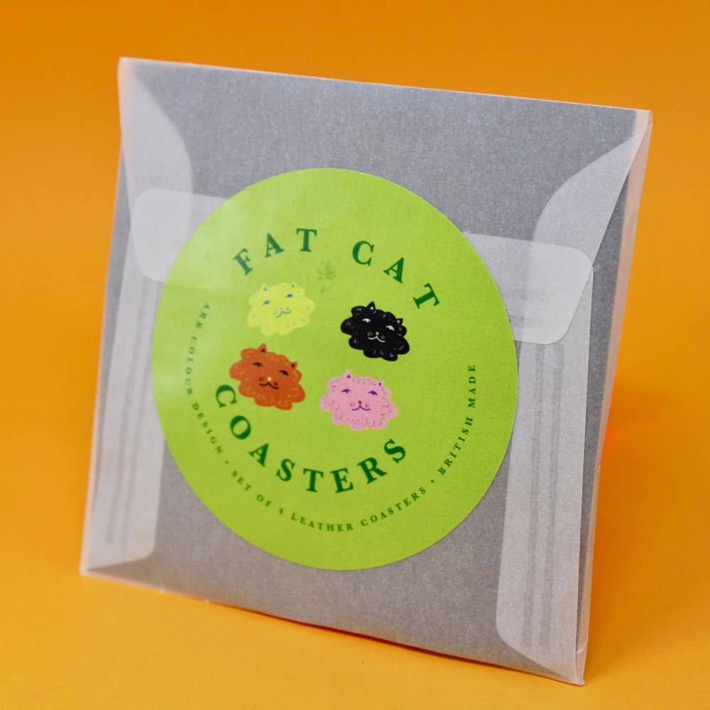Set of four Fat Cat genuine leather coasters embossed with playful fat cat designs, handmade in Britain by Ark Colour Design