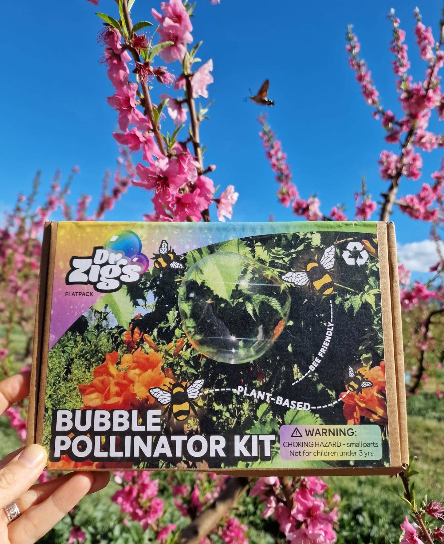 Dr Zigs Bubble Pollinator Kit packaging, highlighting UK made and eco-friendly features.