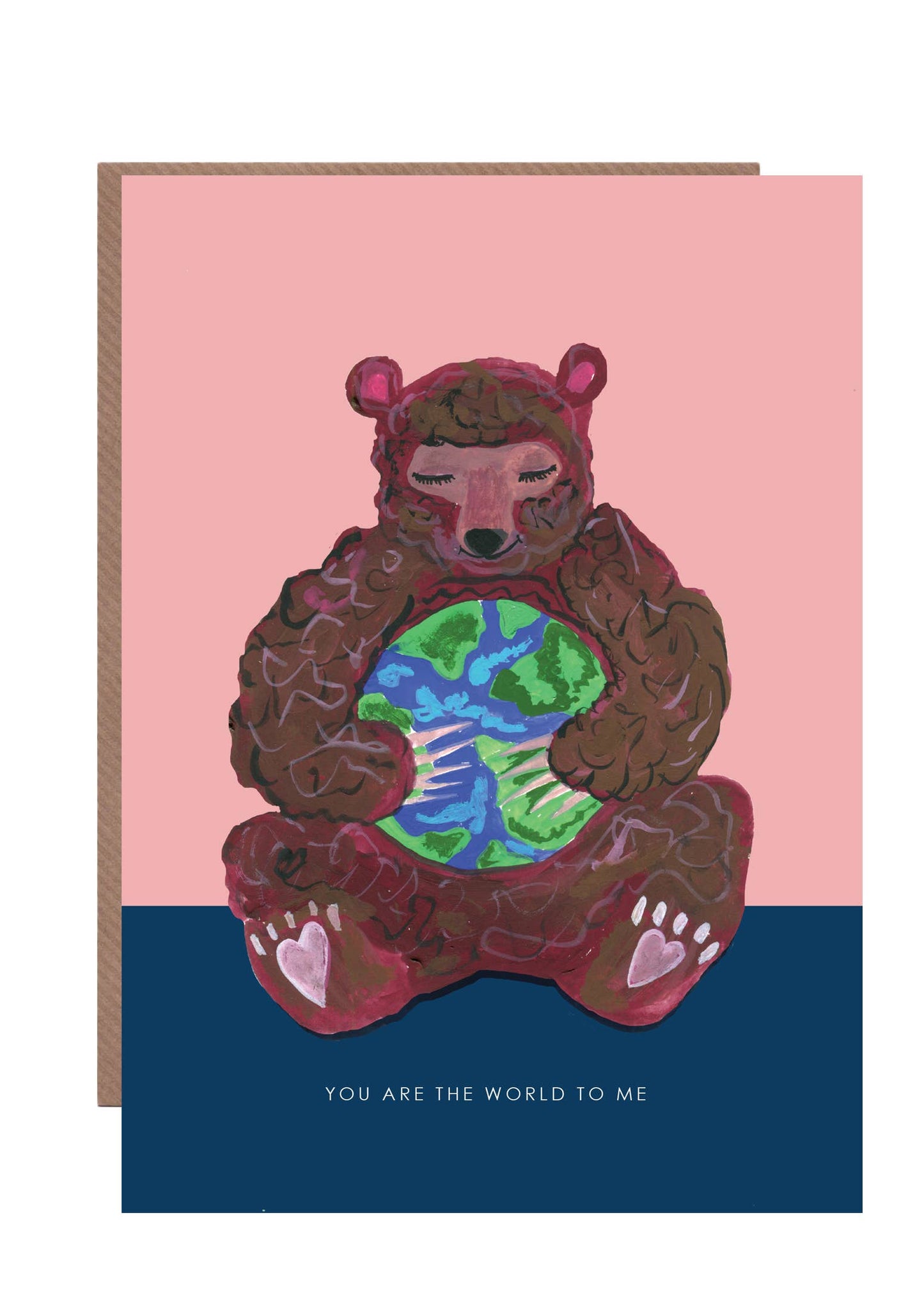 Close-up of Bear holding Globe design on sustainable greetings card