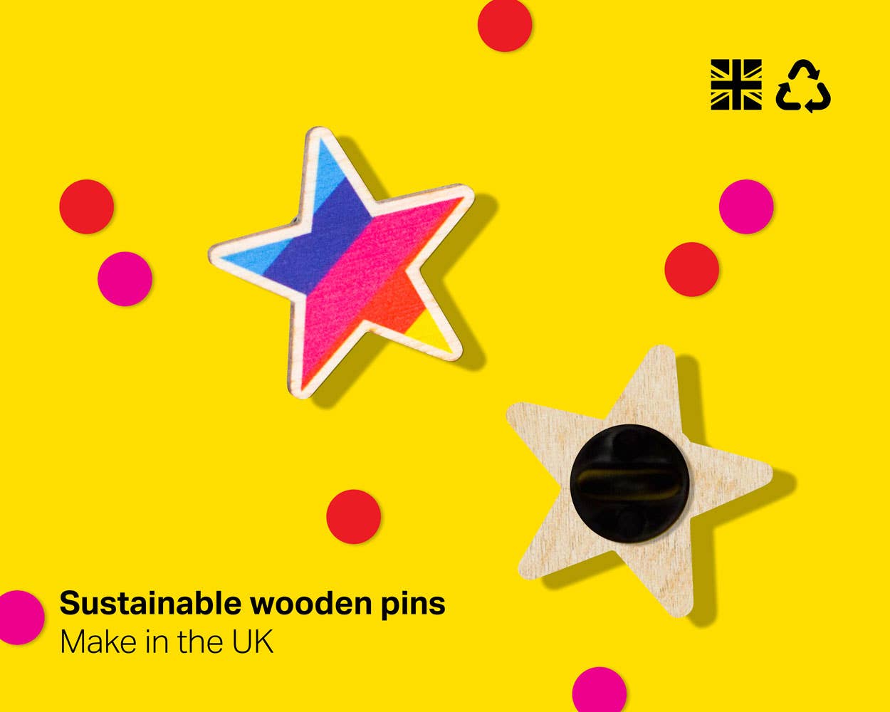 Multiple Rainbow Star Pin Badges arranged, highlighting the sustainable wood and UK craftsmanship