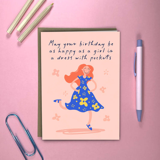 Humorous Birthday Card with Girl in Pockets Dress, Forget Me Not & Green