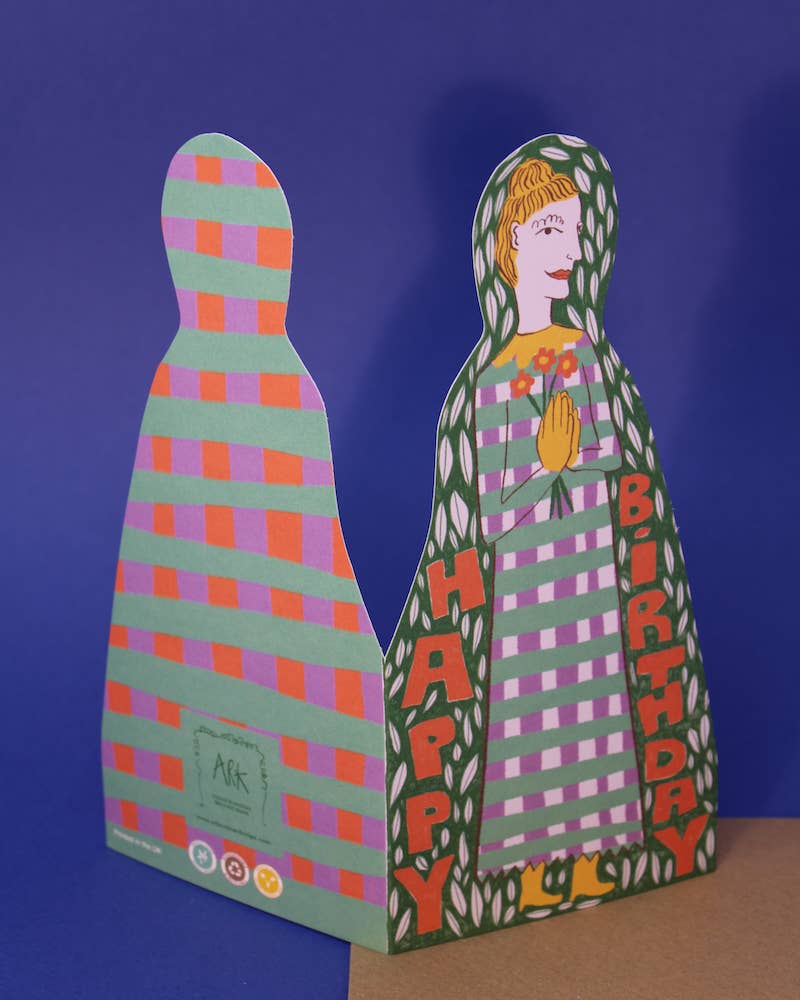 Close-up of Eco-Friendly Flower Lady Greetings Card Design